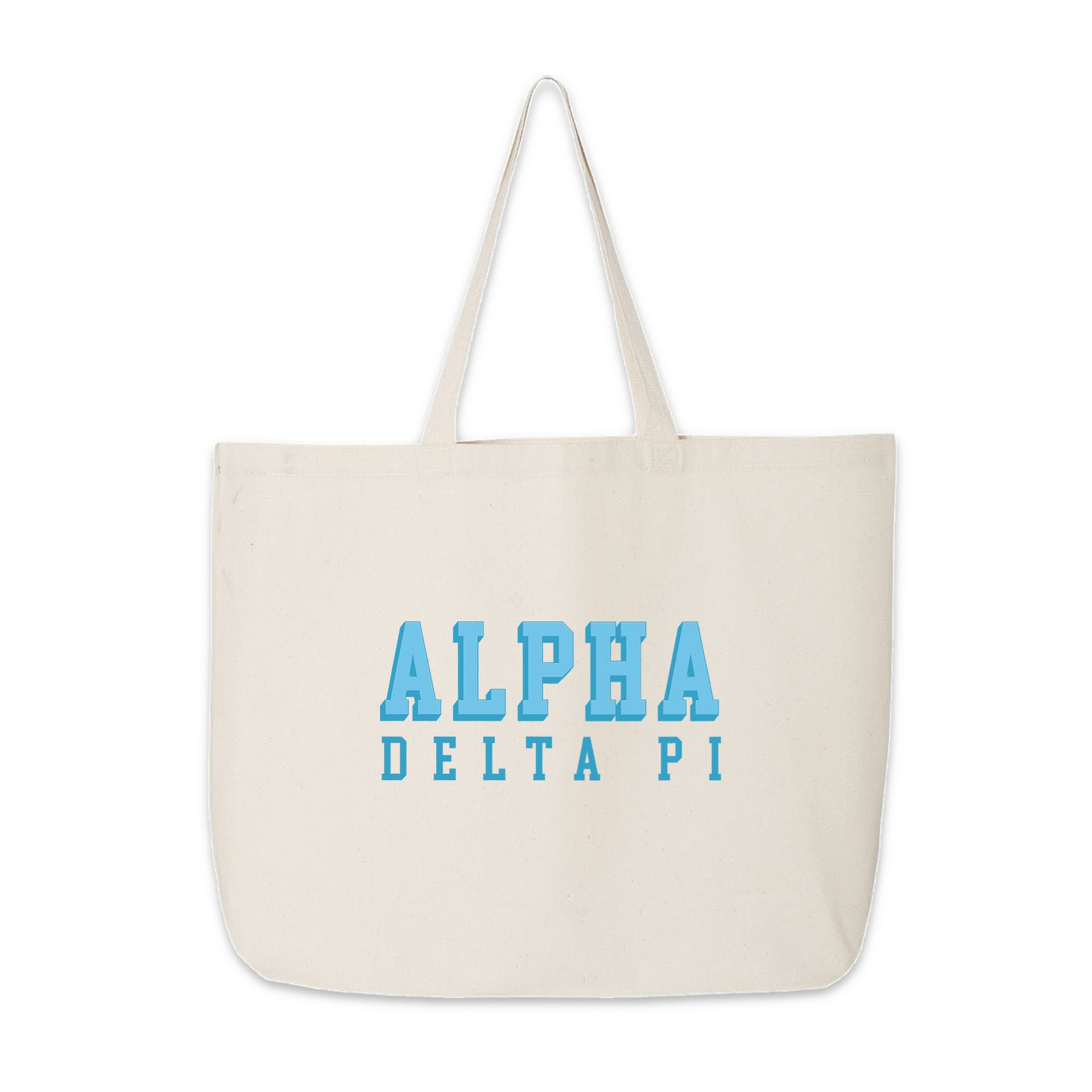 Alpha Delta Pi sorority tote showcasing 3D Greek letters in a modern design on a white backdrop.