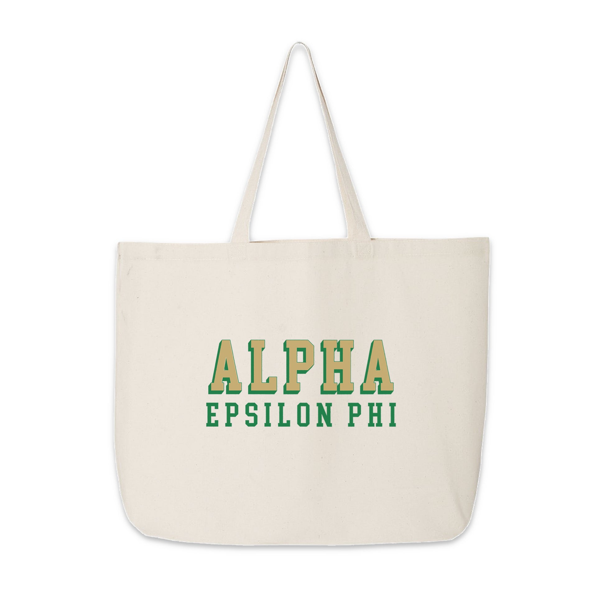 Alpha Epsilon Phi canvas tote bag with raised-style sorority name, photographed on a white background.