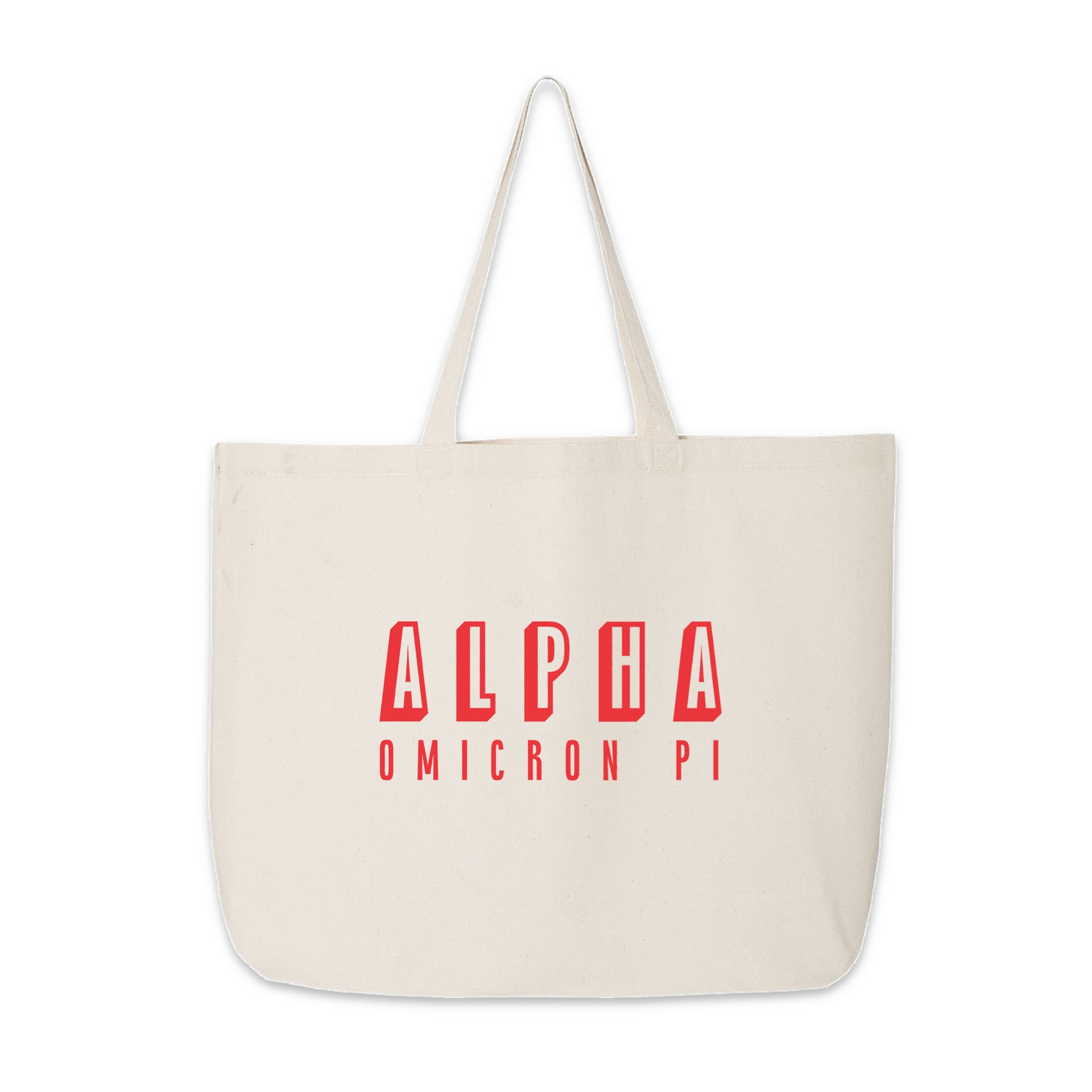 Alpha Omicron Pi sorority tote bag featuring dimensional text design, displayed against white.