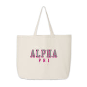 Alpha Phi canvas tote with standout 3D lettering, shown on a plain white background.
