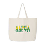 Alpha Sigma Tau sorority tote with bold, layered Greek letters, featured on a white backdrop.