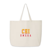Chi Omega sorority tote with 3D-style design, neatly displayed against a bright white backdrop.