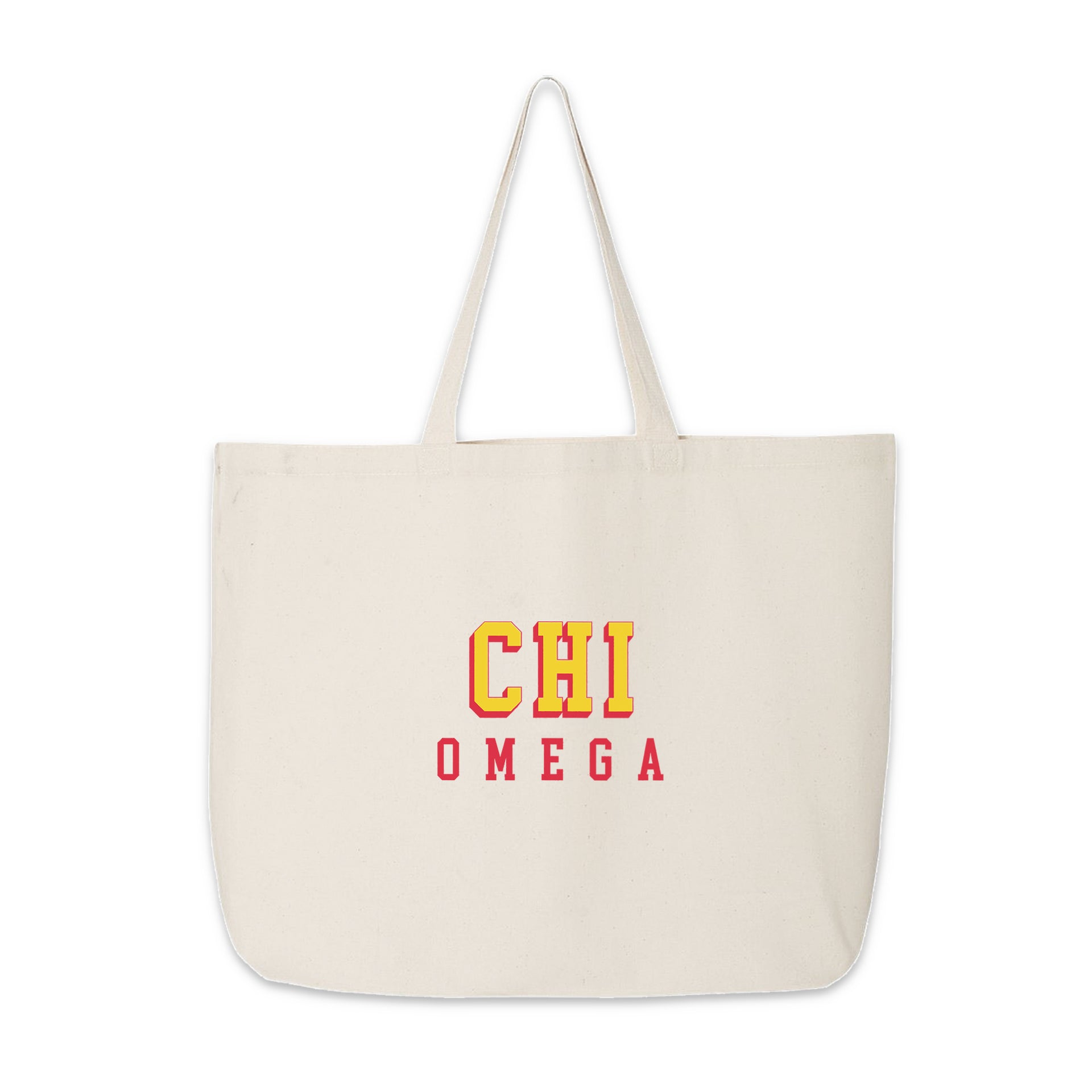 Chi Omega sorority tote with 3D-style design, neatly displayed against a bright white backdrop.