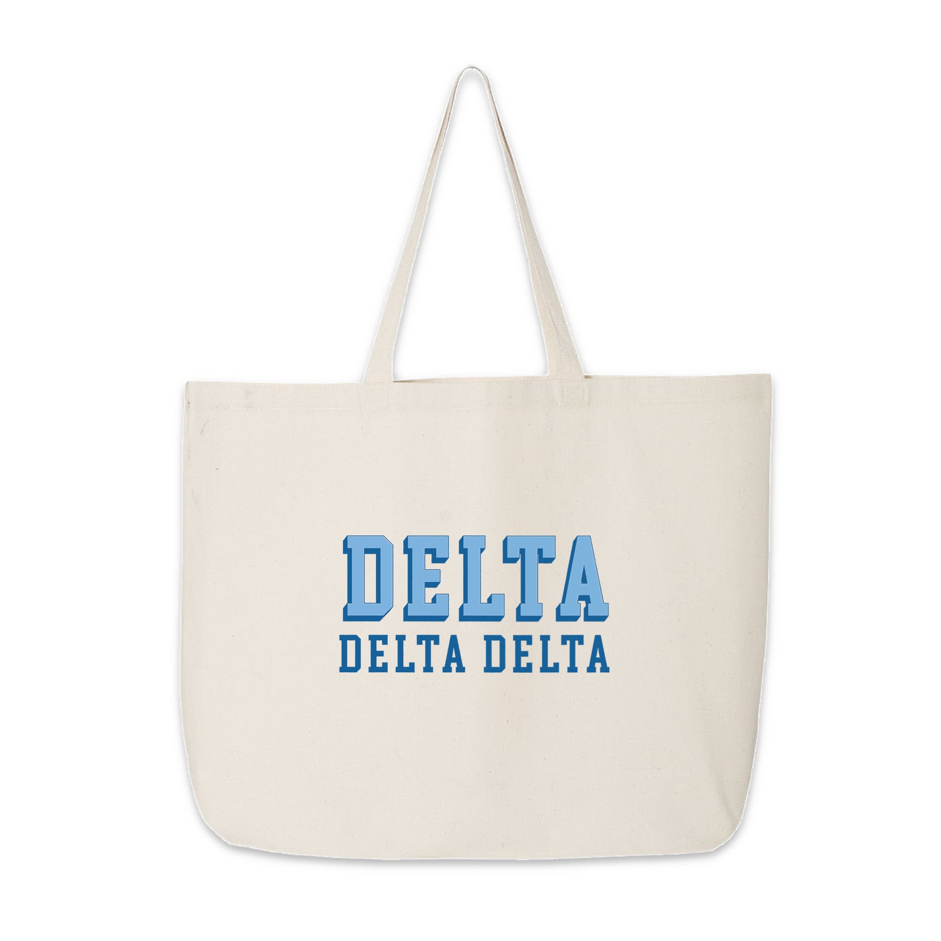 Delta Delta Delta canvas tote showcasing a bold 3D name graphic on a white background.