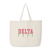 Delta Zeta 3D design sorority tote on natural canvas, styled on a white background.