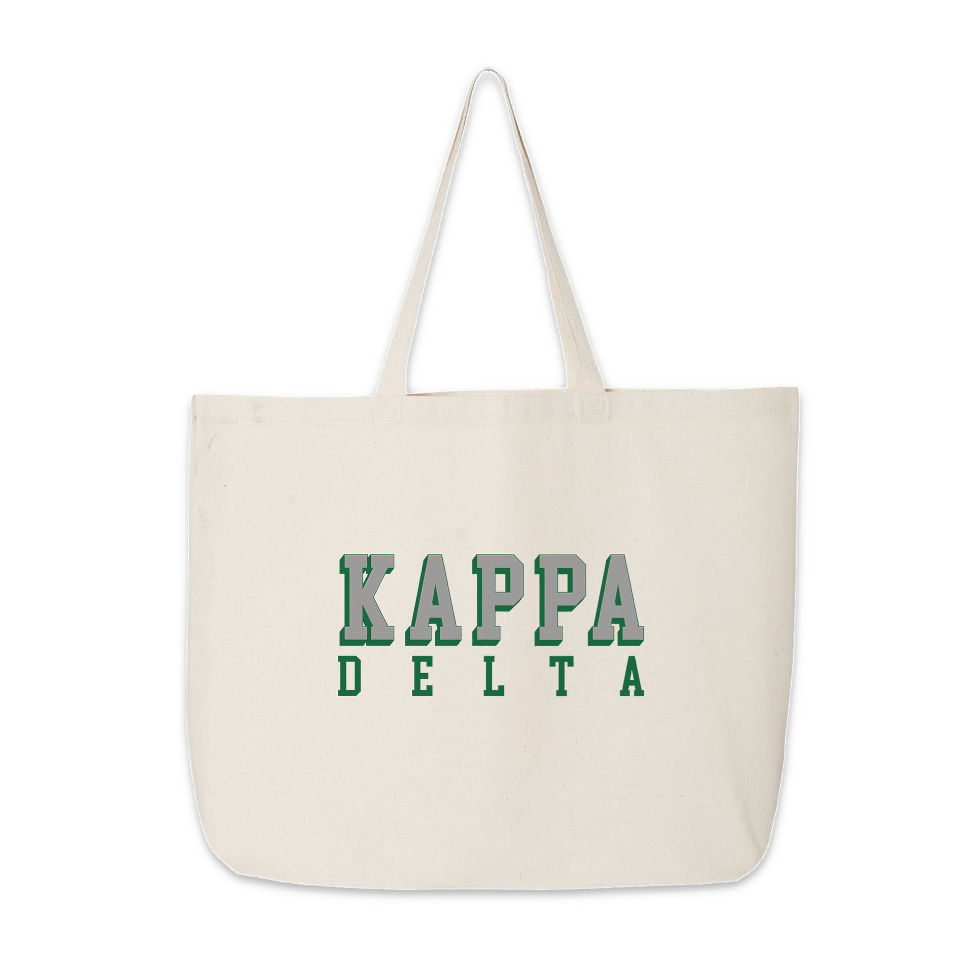 Kappa Delta cotton tote bag featuring layered 3D sorority text on a white background.