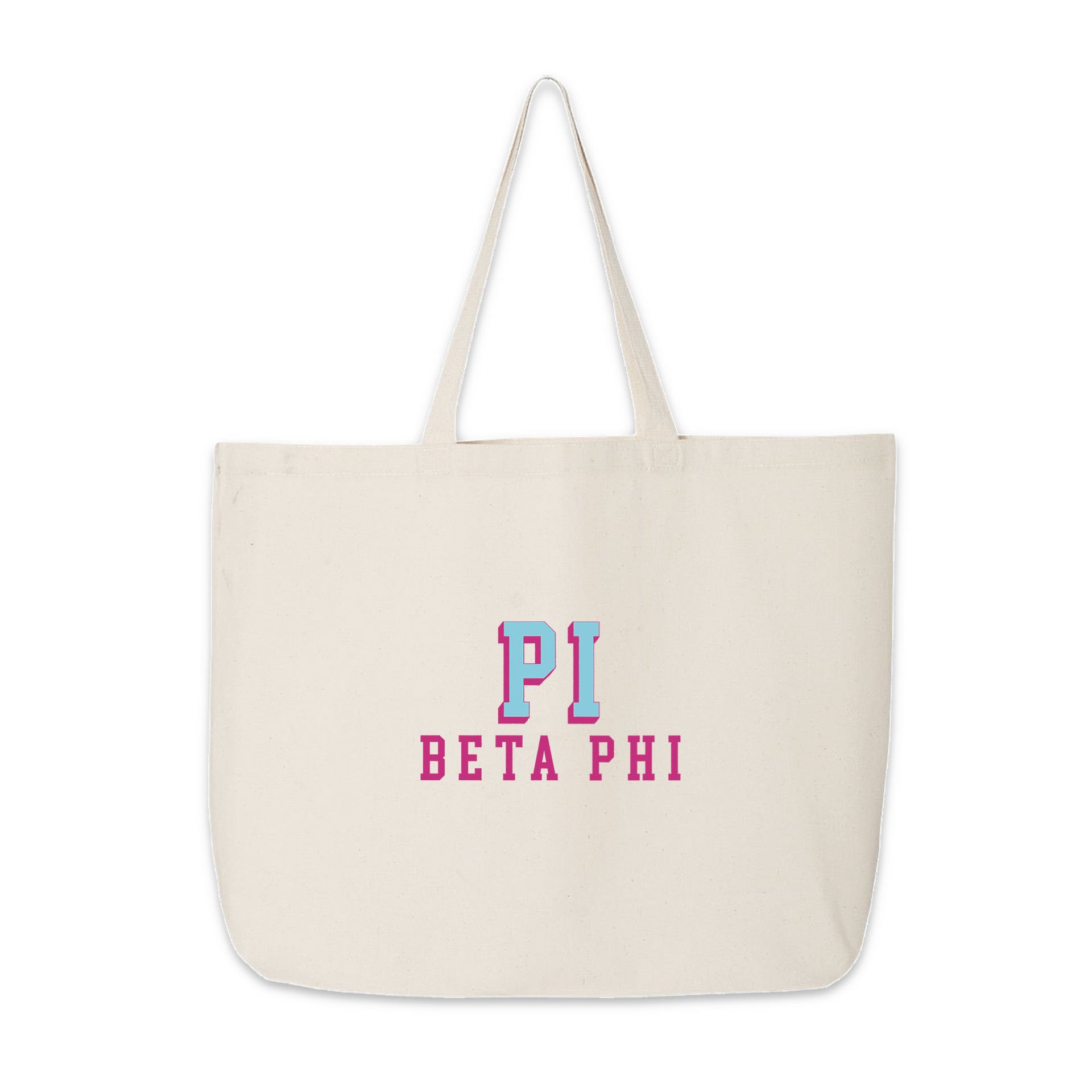Pi Beta Phi tote bag with raised sorority name print on canvas, shown against white.