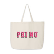 Phi Mu sorority tote with 3D-style name printed across the front, laid flat on a white background.