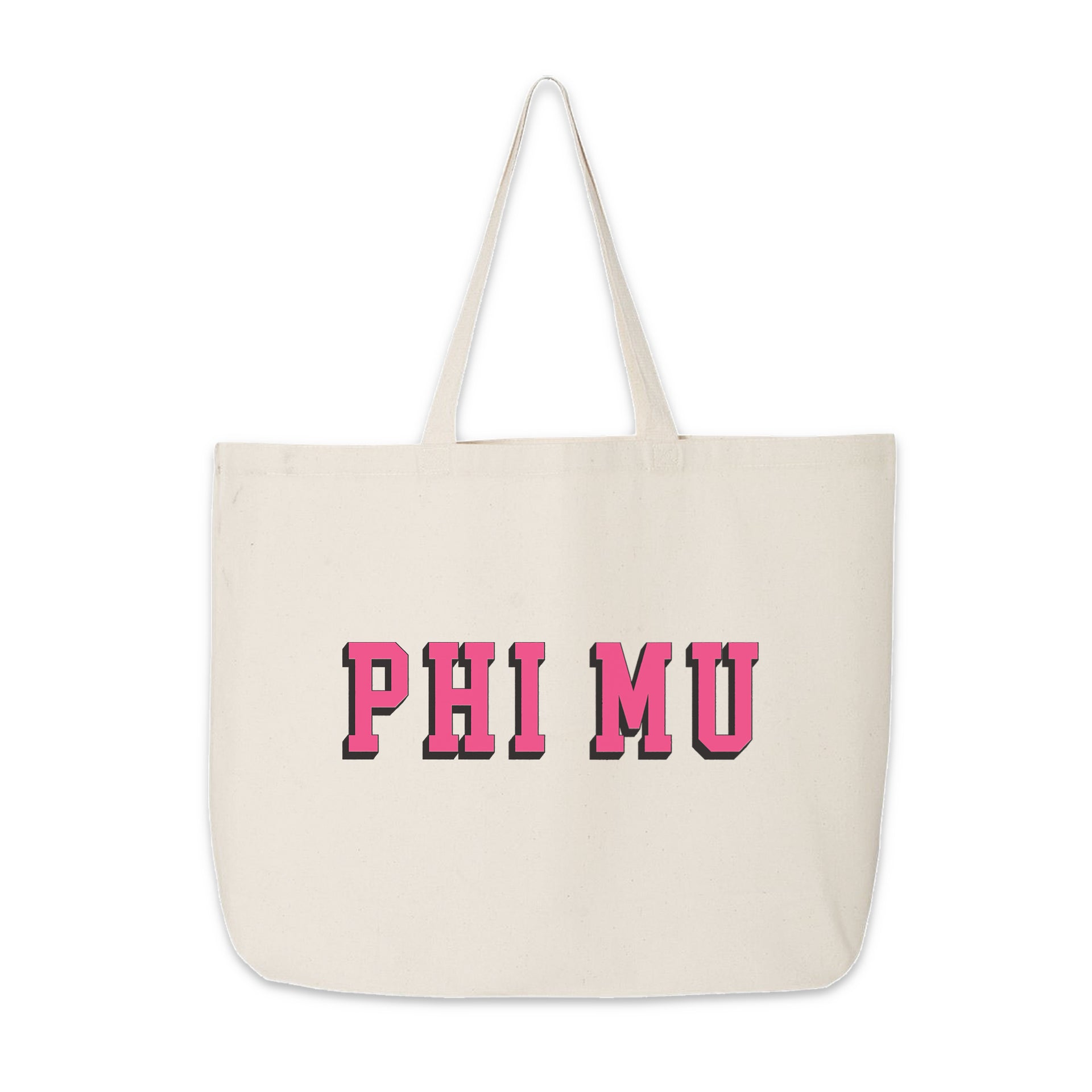 Phi Mu sorority tote with 3D-style name printed across the front, laid flat on a white background.