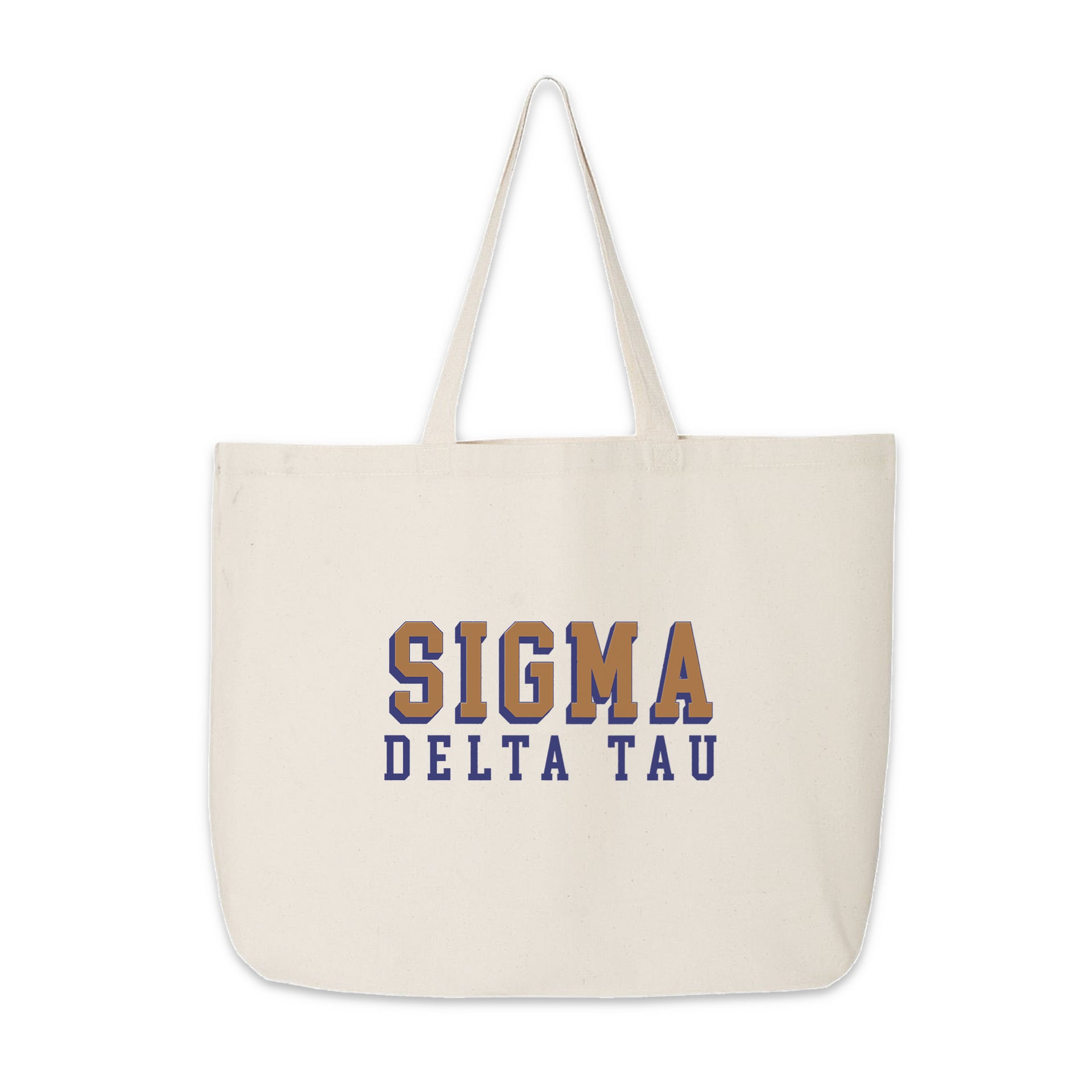 Sigma Delta Tau cotton tote with modern 3D-style sorority lettering, laid out on white.