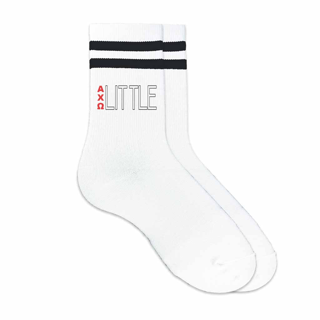 Alpha Chi Omega sorority socks for your big and little with Greek letters on stiped crew socks.