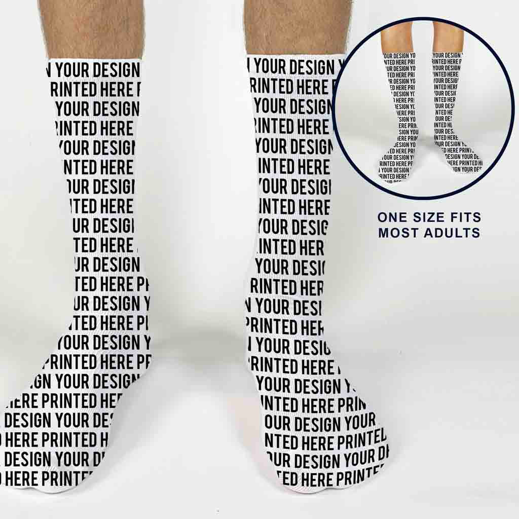 Personalized crew socks with edge-to-edge printing, perfect for showcasing custom designs, photos, or logos. These white full-print socks are made to highlight your creativity—great for unique gifts, promotions, or custom apparel.