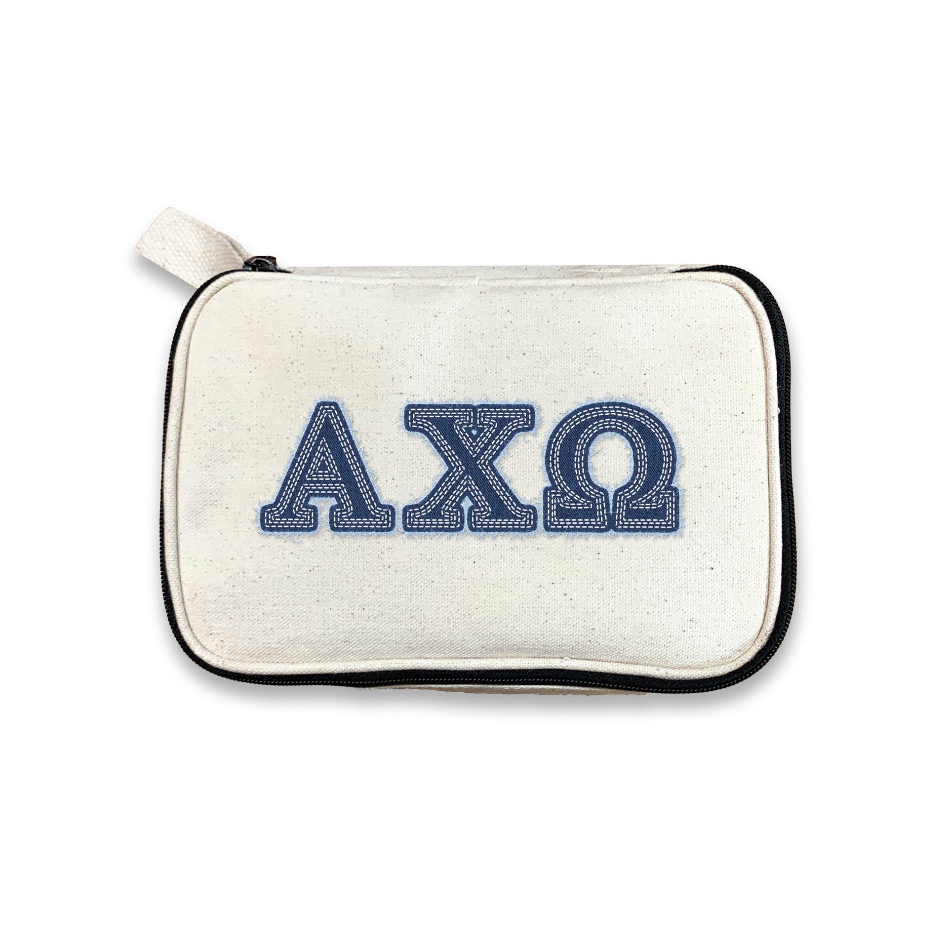 Alpha Chi Omega cosmetic bag with denim-style ??? Greek letters on canvas, displayed on a white background.