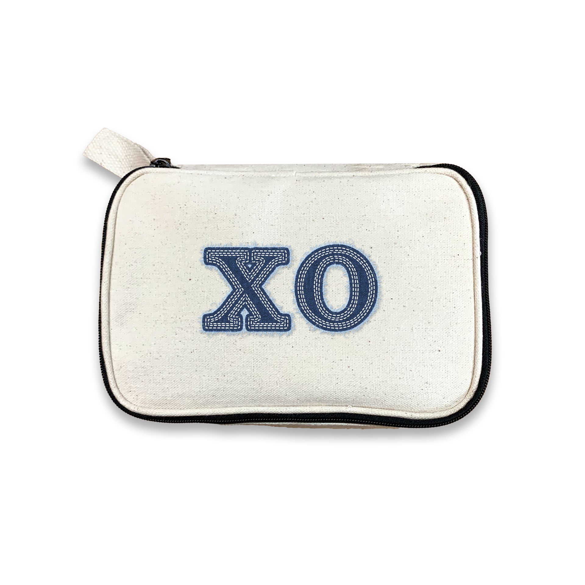 Chi Omega sorority makeup bag with Chi O Greek letters in denim-style print, on a white background.