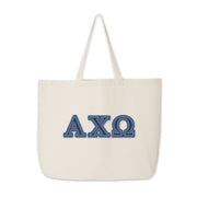 Denim Alpha Chi Omega Greek letter tote bag displayed on a plain background.