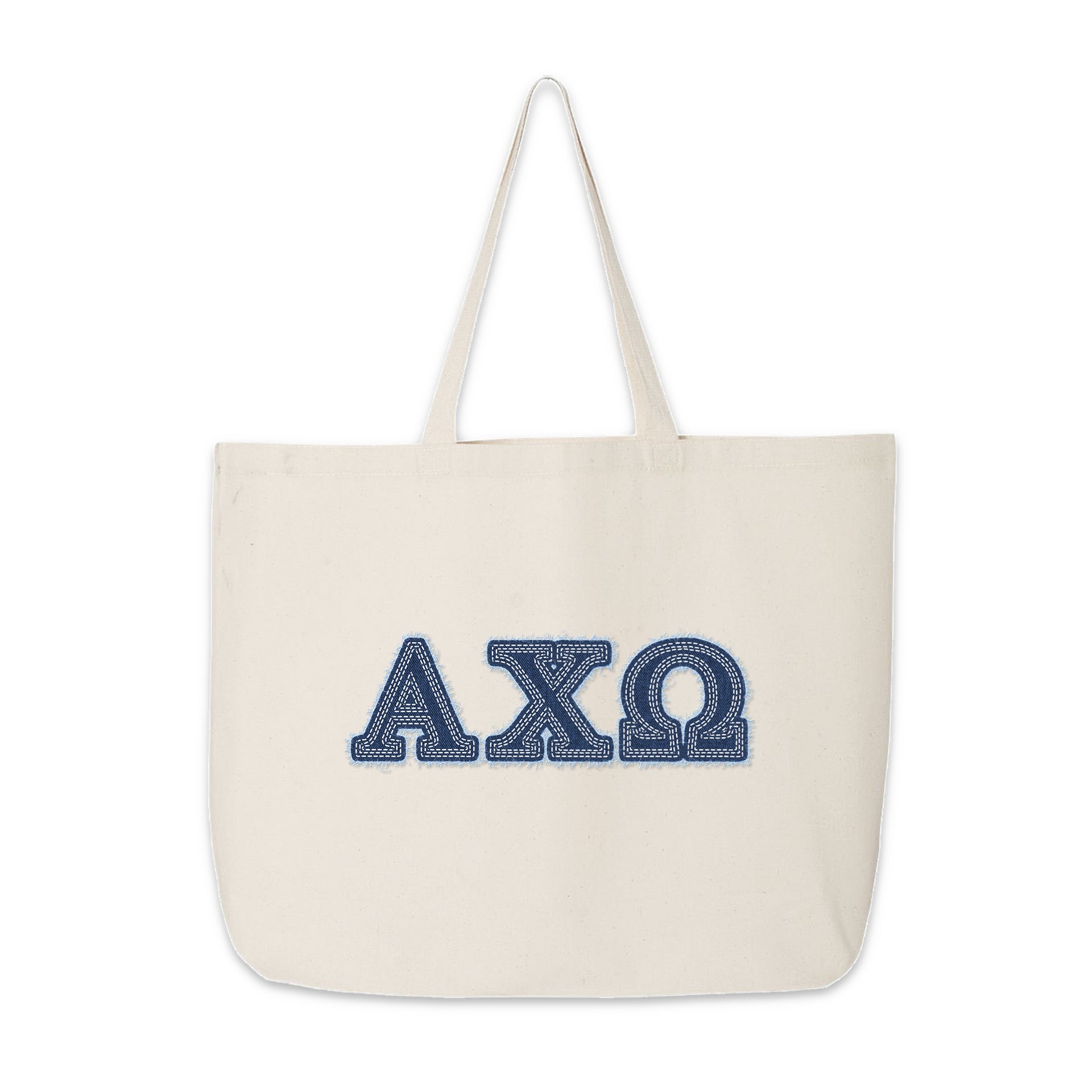 Denim Alpha Chi Omega Greek letter tote bag displayed on a plain background.