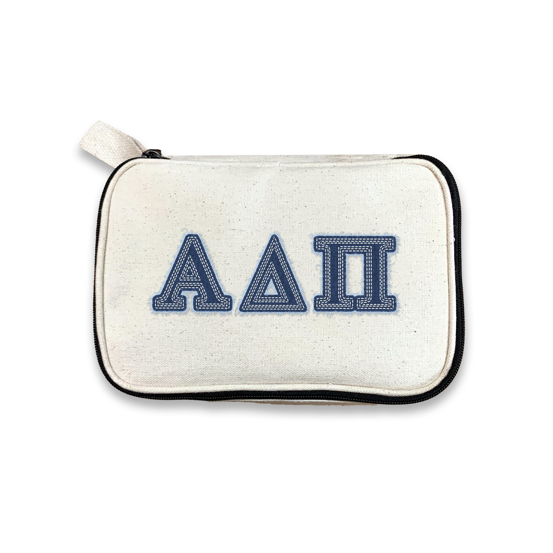 Alpha Delta Pi sorority makeup bag featuring denim-style ADPi letters, photographed on a white backdrop.