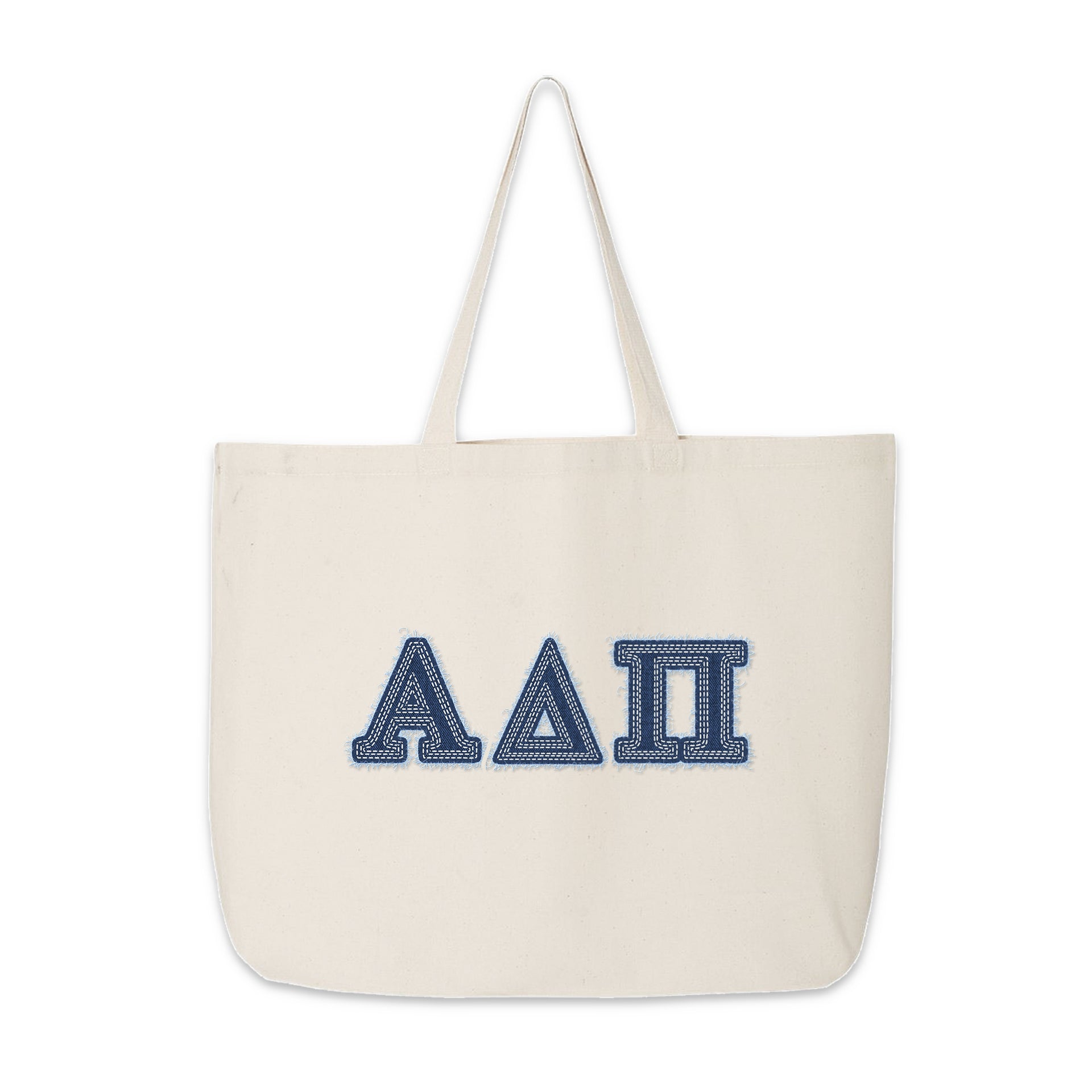 Alpha Delta Pi tote bag with denim-style Greek letters laid flat against a white backdrop.