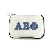 Alpha Epsilon Phi canvas pouch with printed denim-look AEPhi Greek letters, shown on a clean white background.