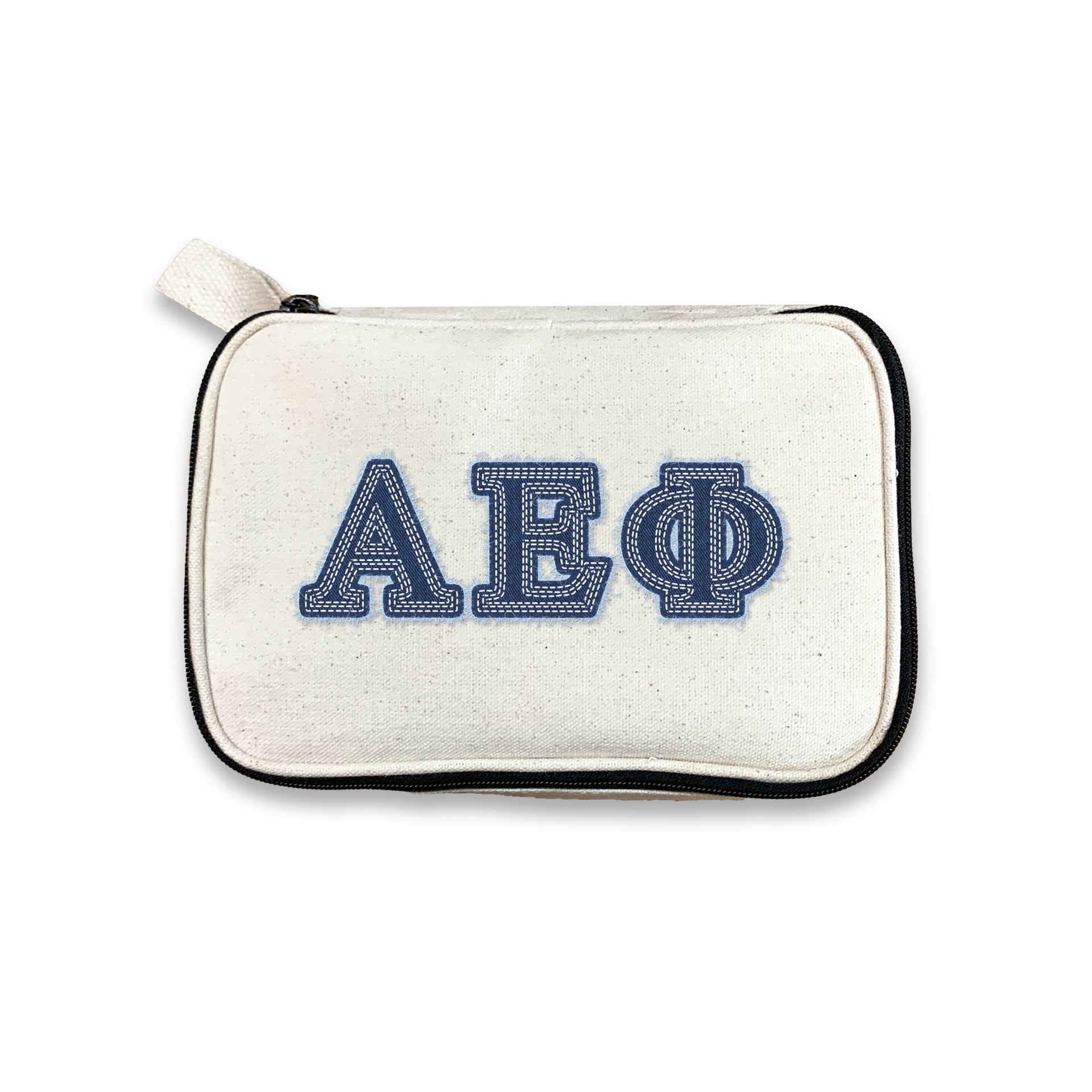 Alpha Epsilon Phi canvas pouch with printed denim-look AEPhi Greek letters, shown on a clean white background.