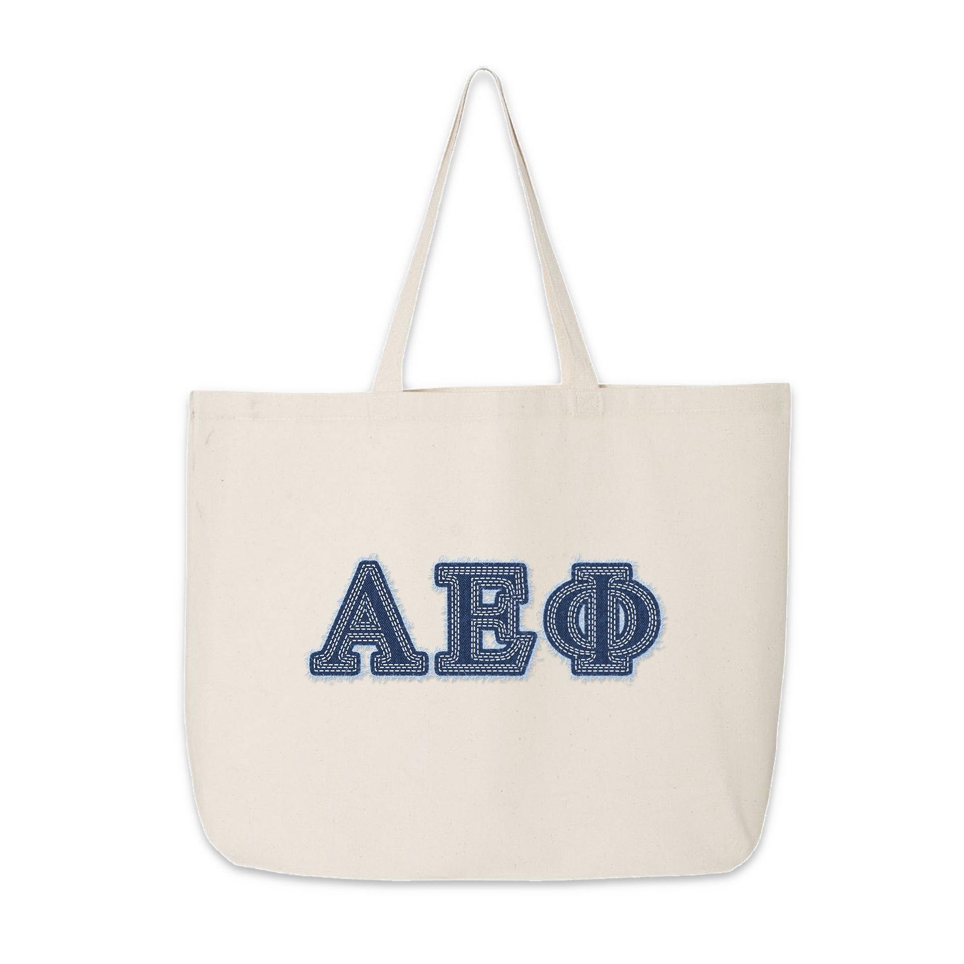 Alpha Epsilon Phi canvas tote with denim Greek letters displayed neatly on a table