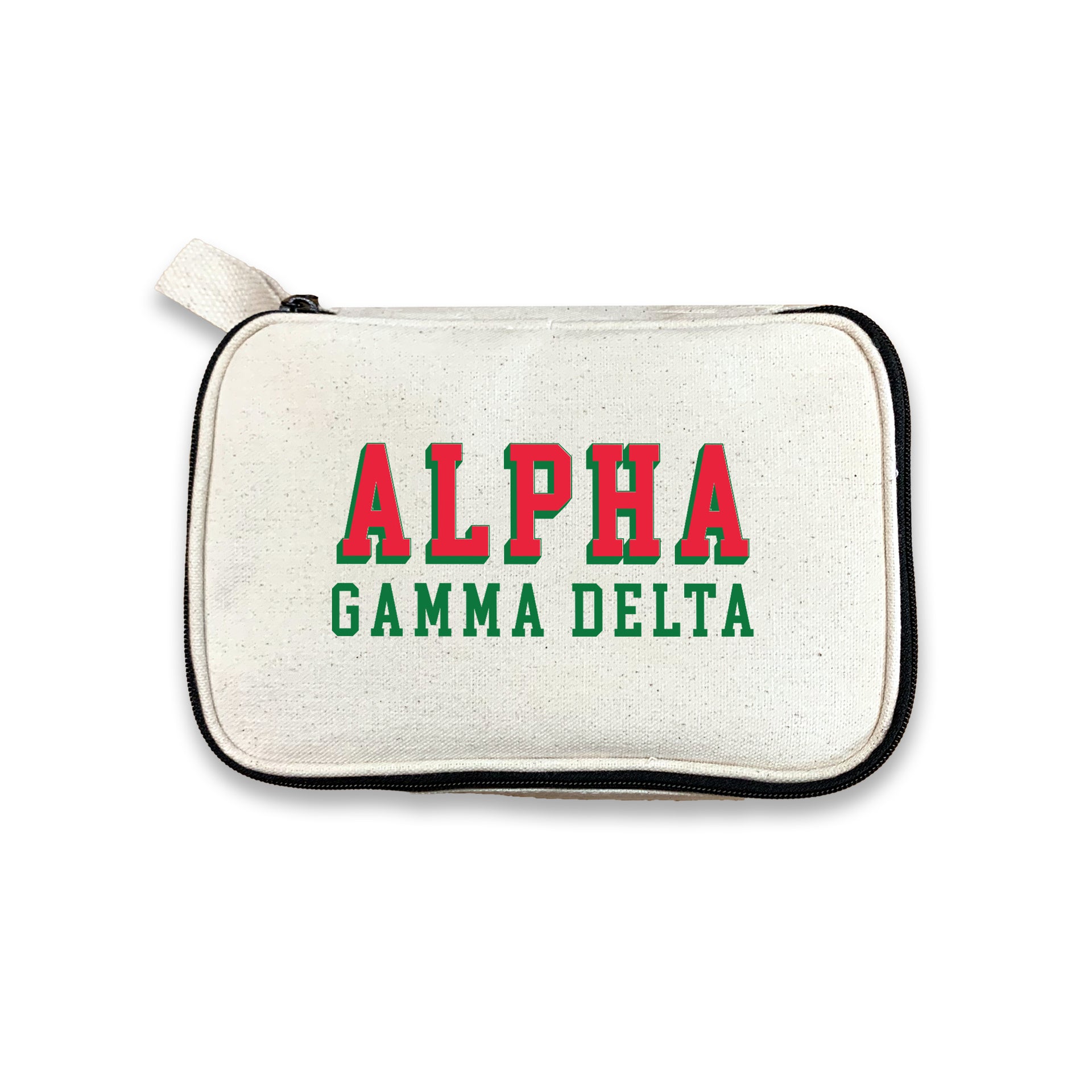 Alpha Gamma Delta 3D Print Sorority Name Cosmetic Make Up Bag displayed on white background