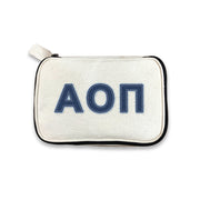 Alpha Omicron Pi makeup bag with AOII denim-style Greek lettering, displayed on white.