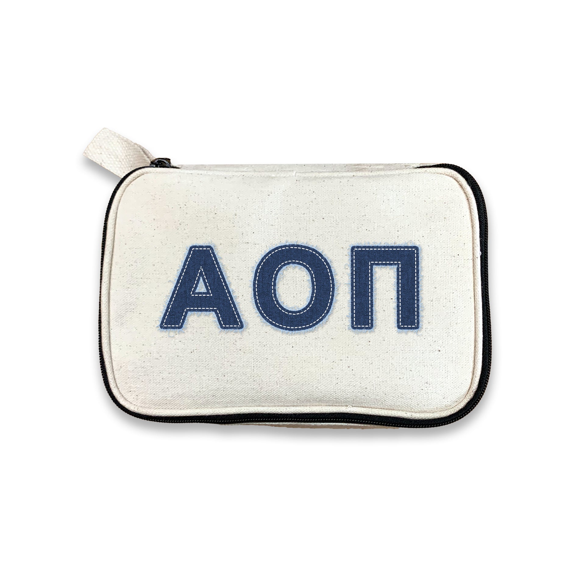 Alpha Omicron Pi makeup bag with AOII denim-style Greek lettering, displayed on white.