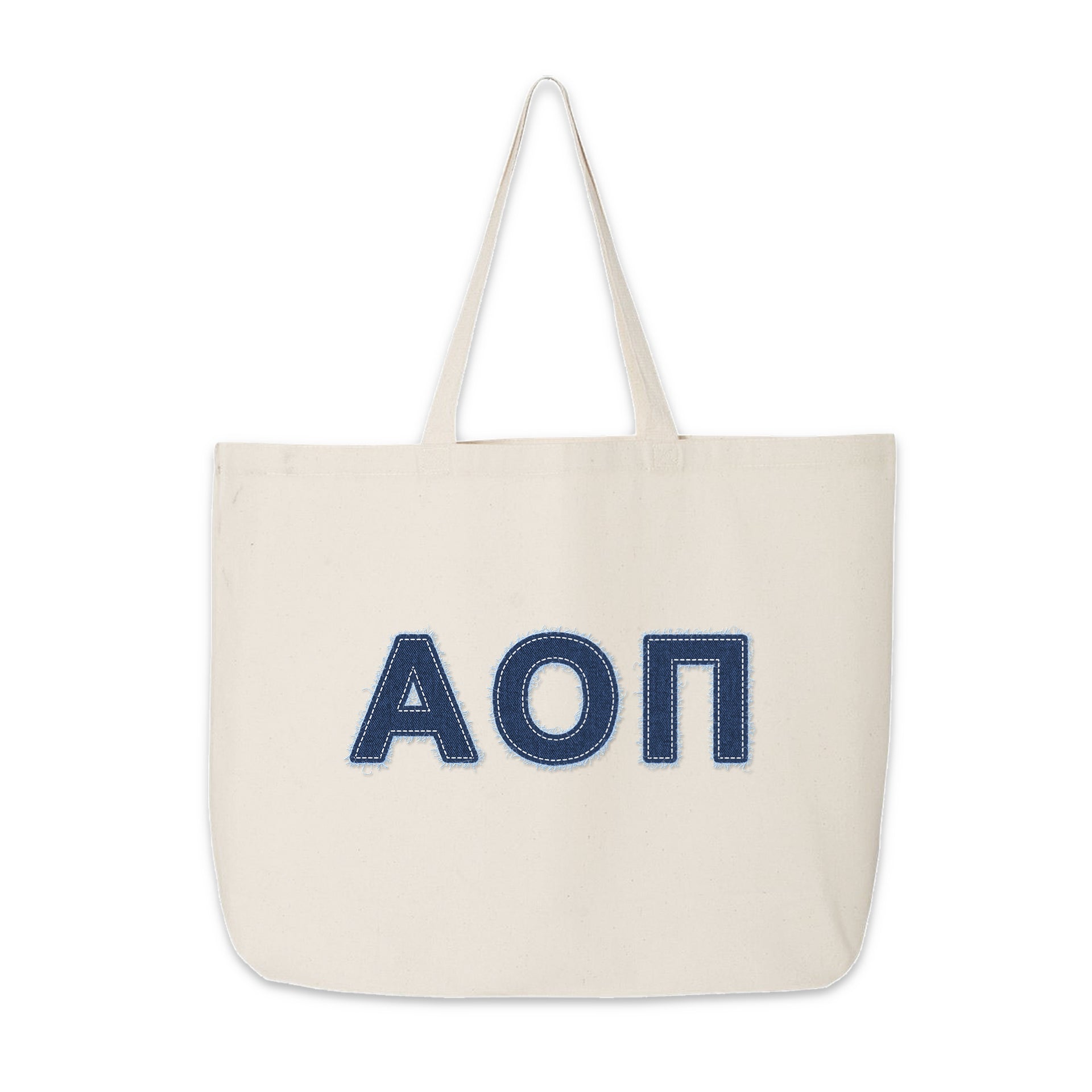 Alpha Omicron Pi tote with denim letters shown upright with handles visible