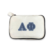 Alpha Phi sorority pouch with bold Alpha Phi letters in denim print, photographed on a white background.