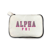 Alpha Phi 3D Print Sorority Name Cosmetic Make Up Bag displayed on white background