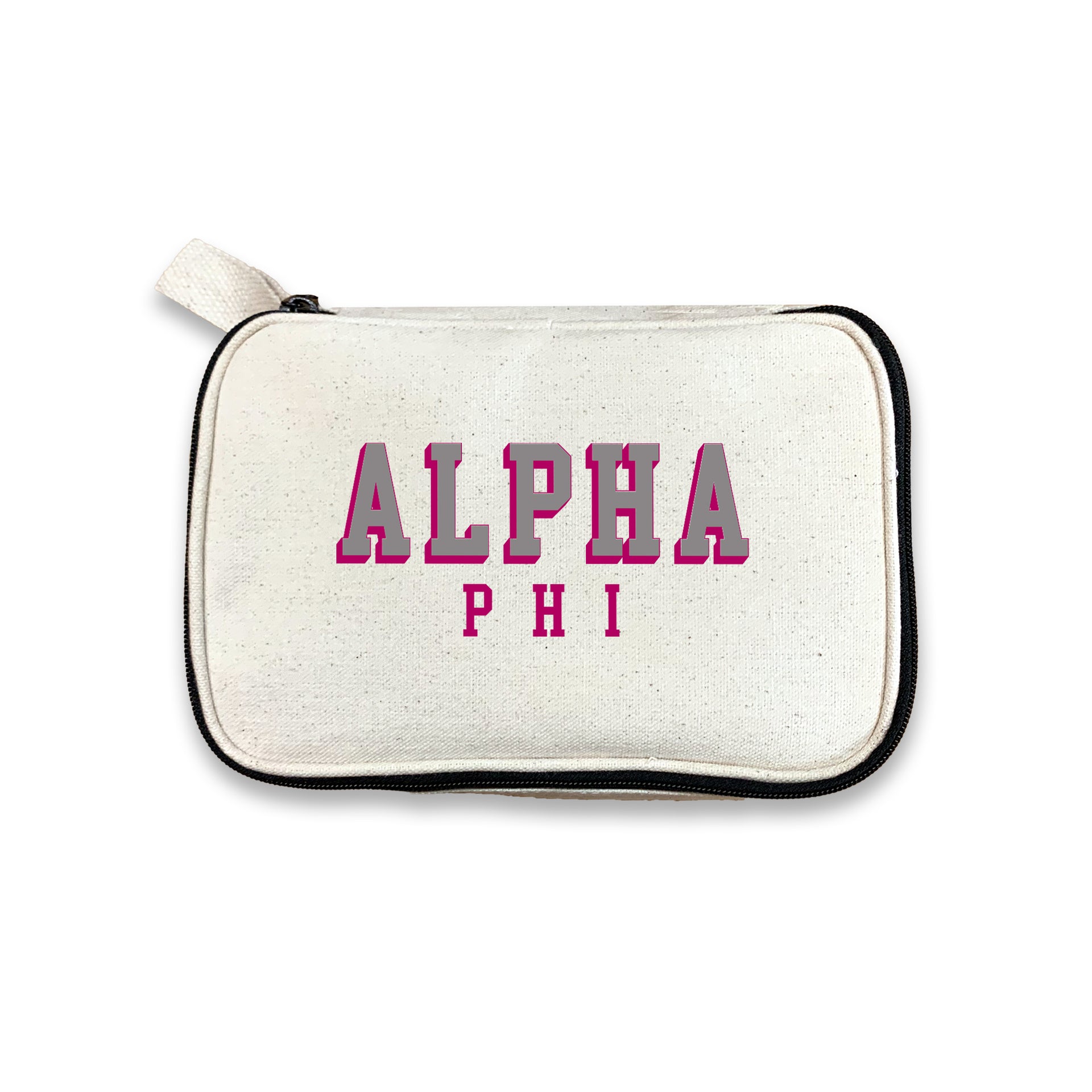 Alpha Phi 3D Print Sorority Name Cosmetic Make Up Bag displayed on white background