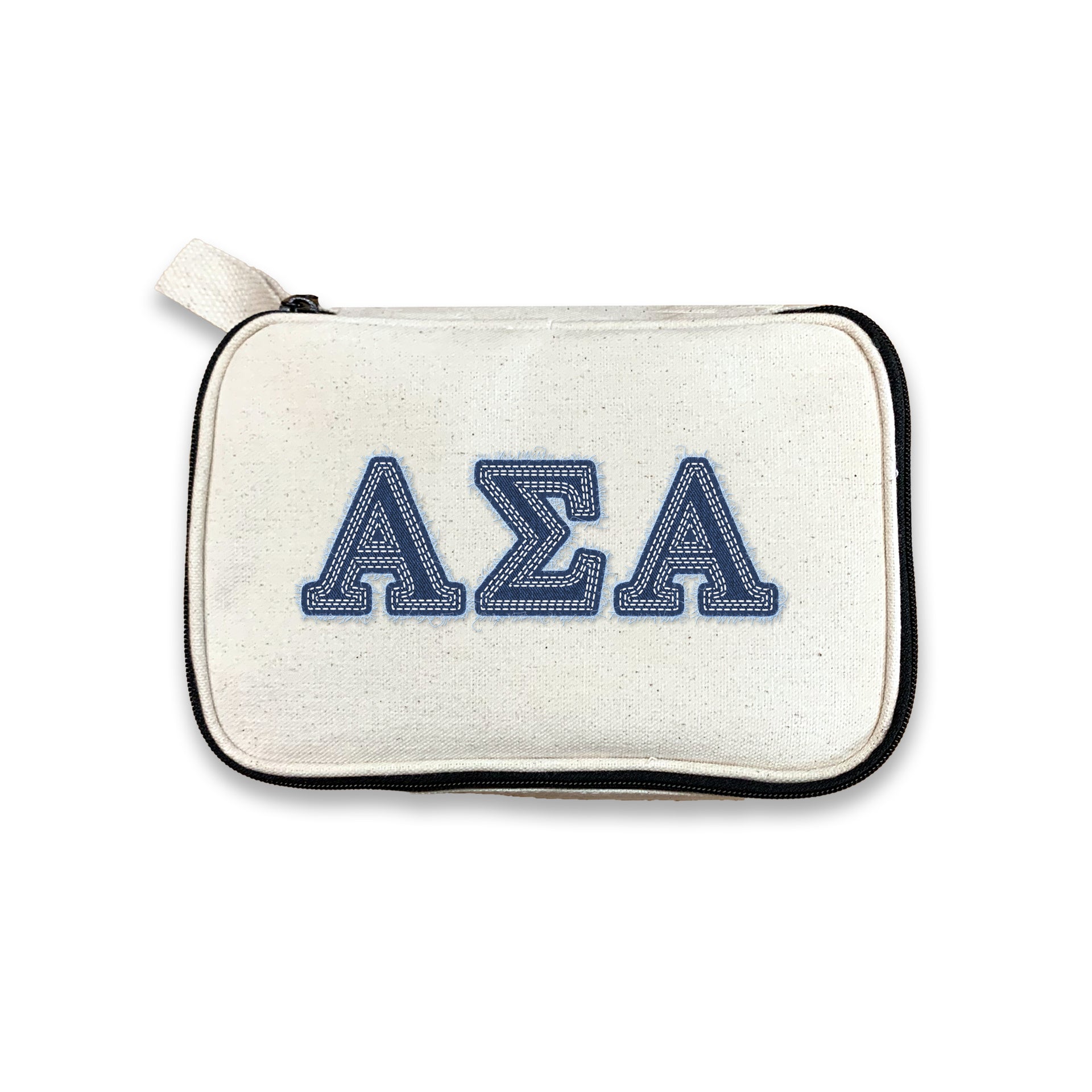 Alpha Sigma Alpha cosmetic bag with ASA Greek letters in denim-look print, set against a white background.