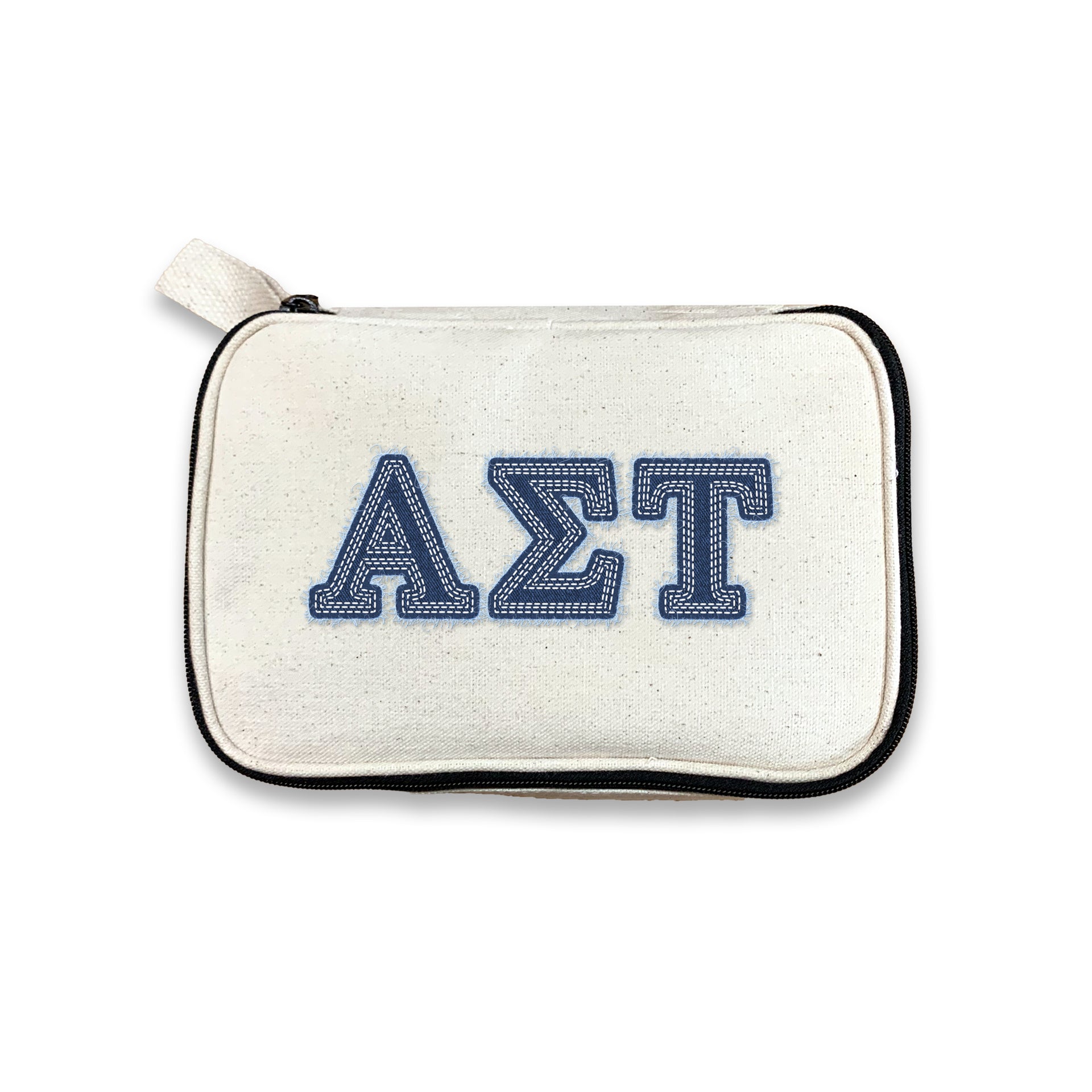 Alpha Sigma Tau makeup pouch with AST denim-style Greek letters, displayed on a white background.