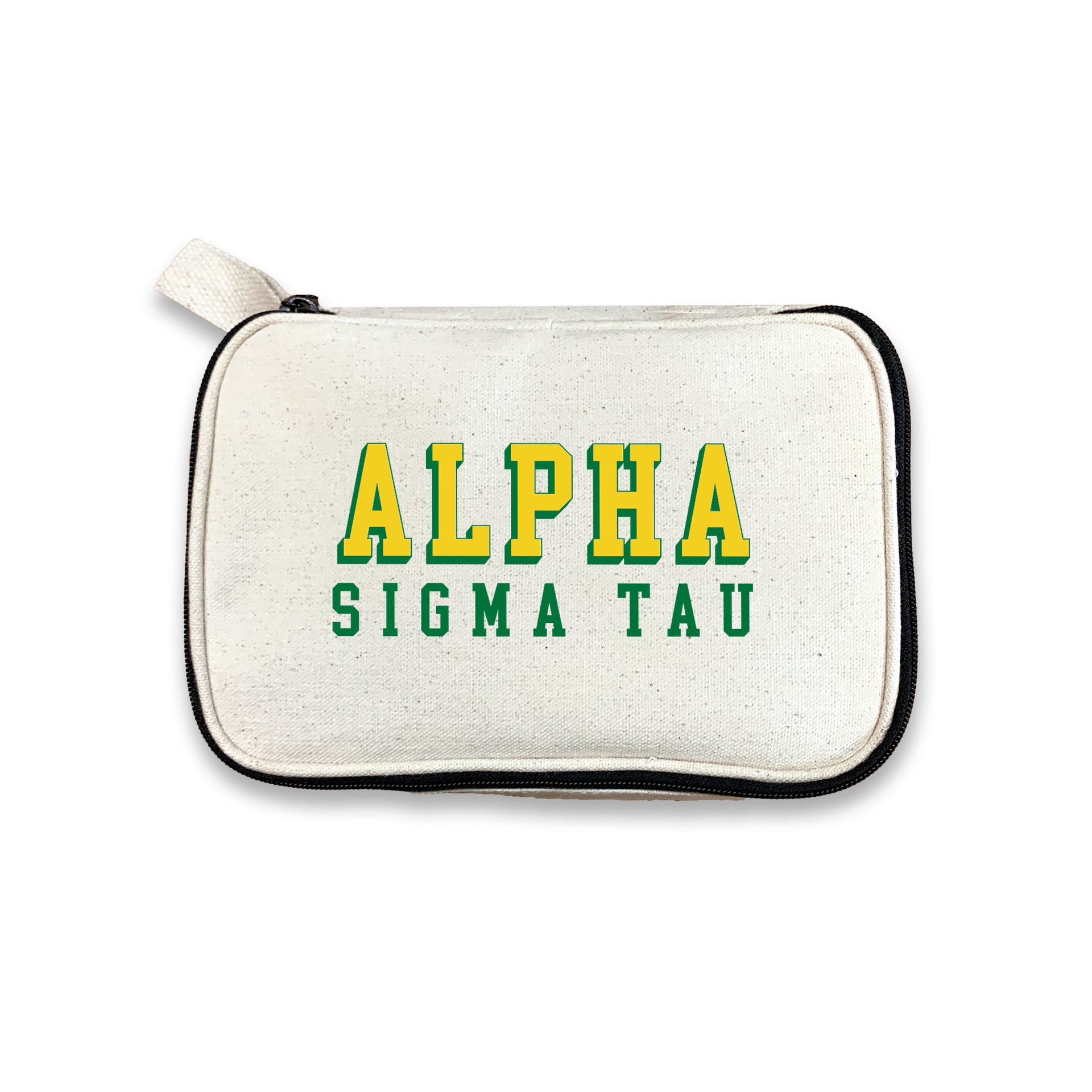 Alpha Sigma Tau 3D Print Sorority Name Cosmetic Make Up Bag displayed on white background