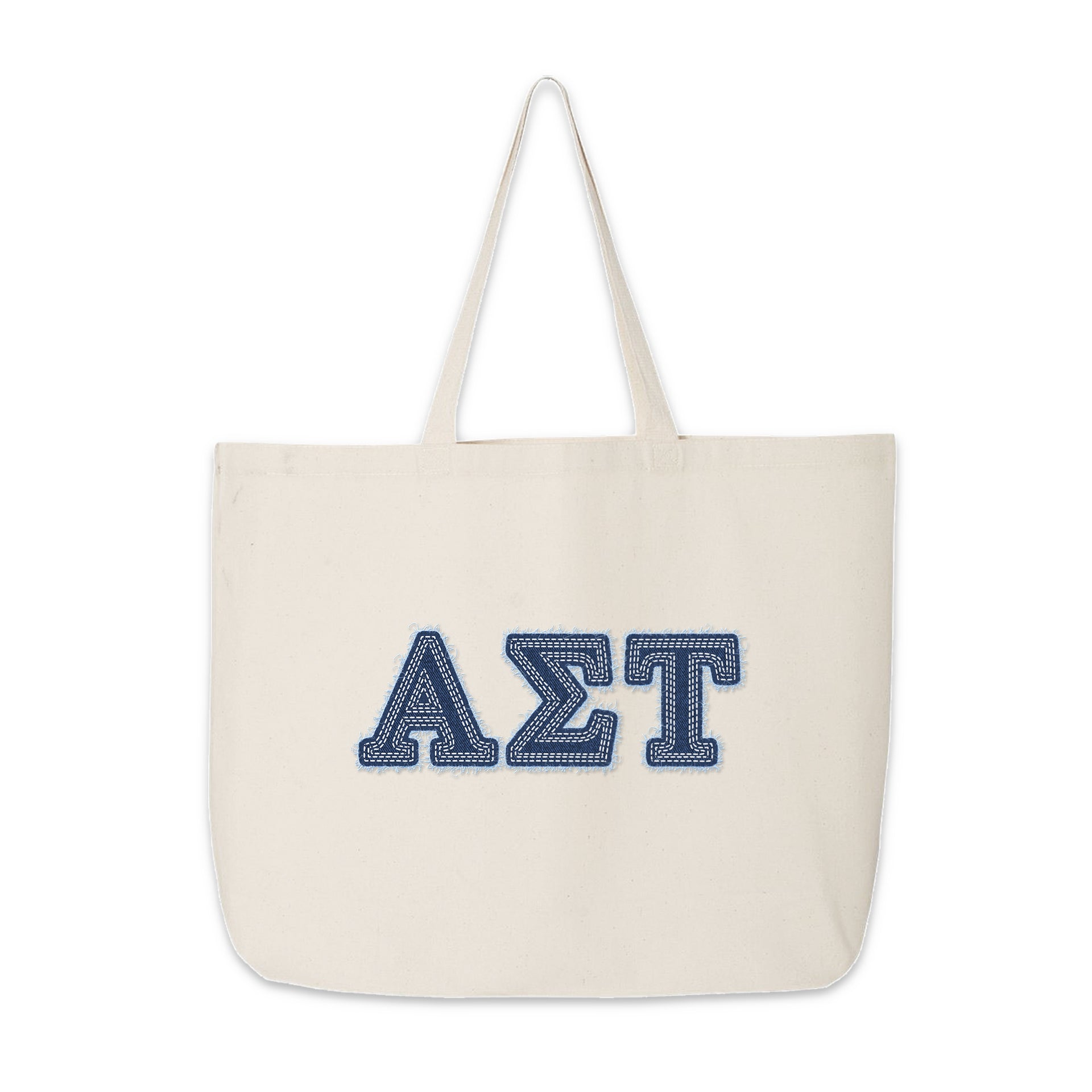 Alpha Sigma Tau denim letter tote bag shown front-facing on a neutral backdrop