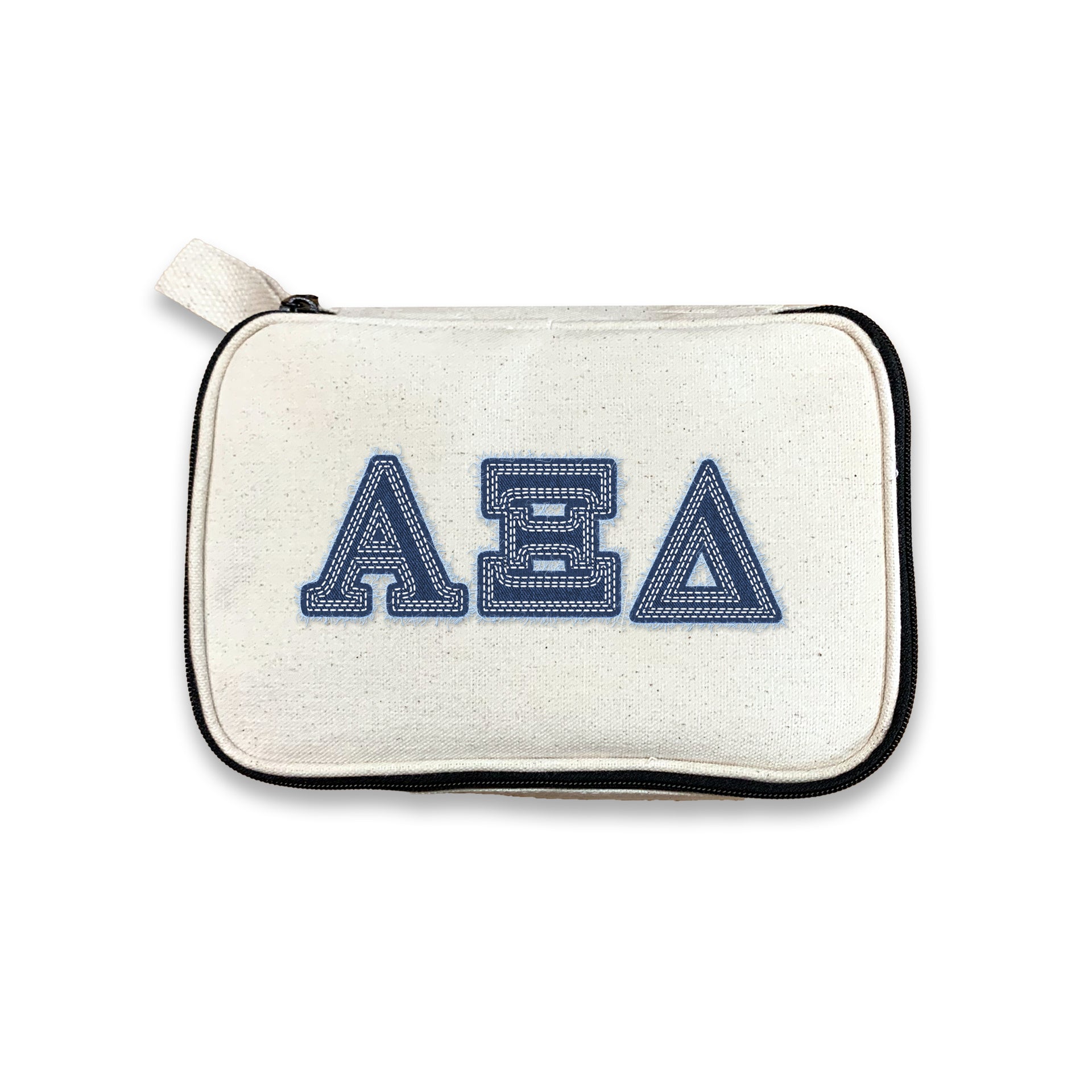 Alpha Xi Delta canvas cosmetic bag printed with AXiD denim-style Greek letters, shown on white.