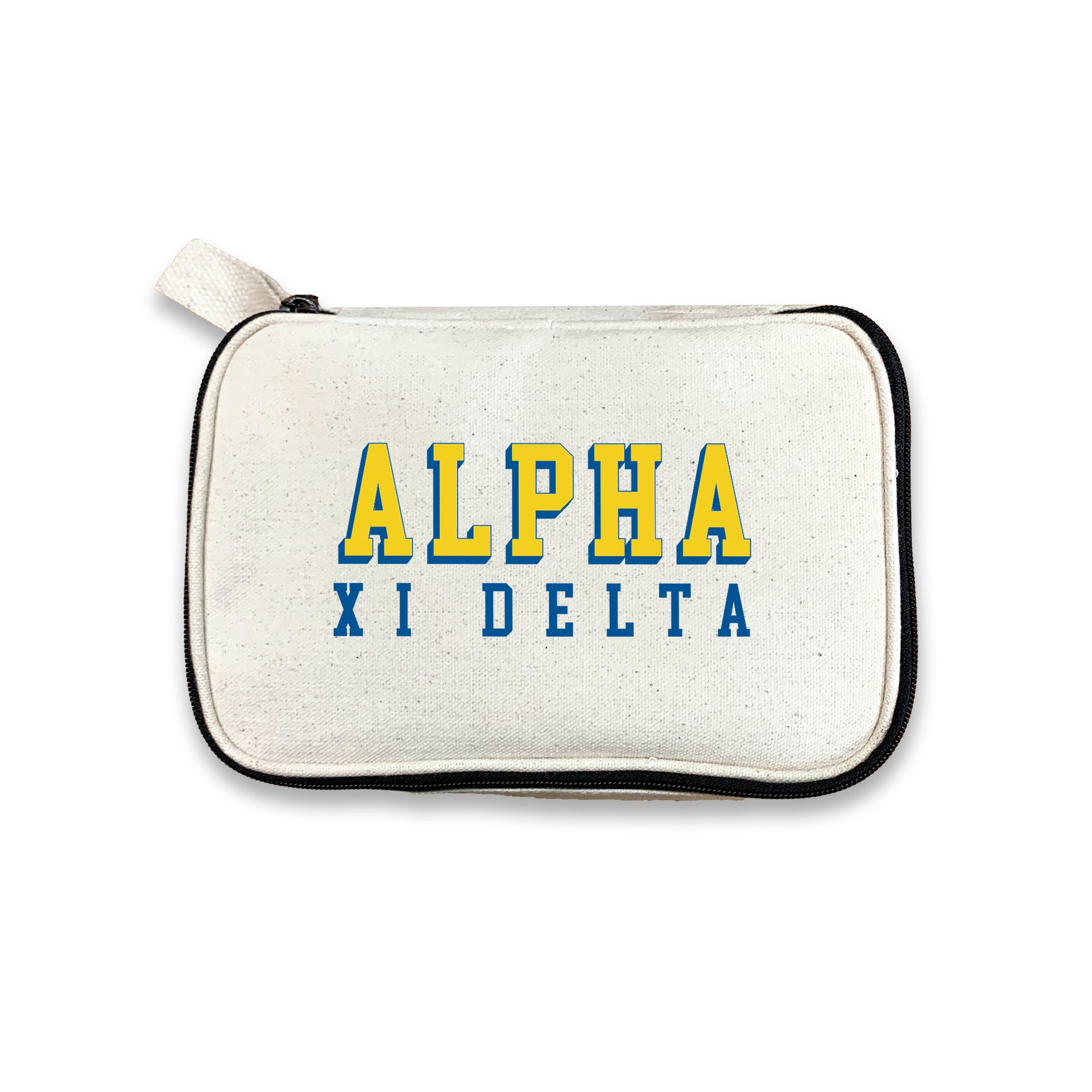 Alpha Xi Delta 3D Print Sorority Name Cosmetic Make Up Bag displayed on white background