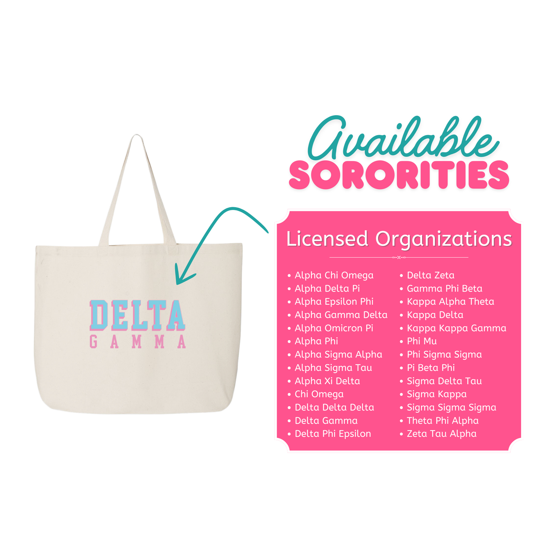 A list of all 26 sororities available with the 3D tote bag design.