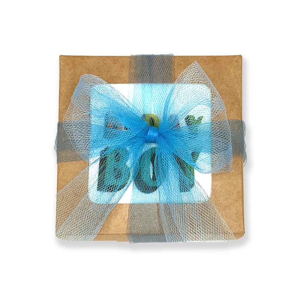 “B-Day Boy” printed on striped white crew socks and packed in a gift box