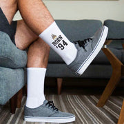 Birthday socks for him featuring birth year and a fun message on cotton crew socks