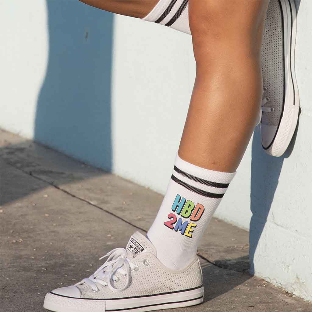 Birthday socks with “Happy Birthday to Me” printed and packed in a gift box