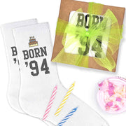 Gift wrap included with custom birthday socks printed with age on cotton crew socks