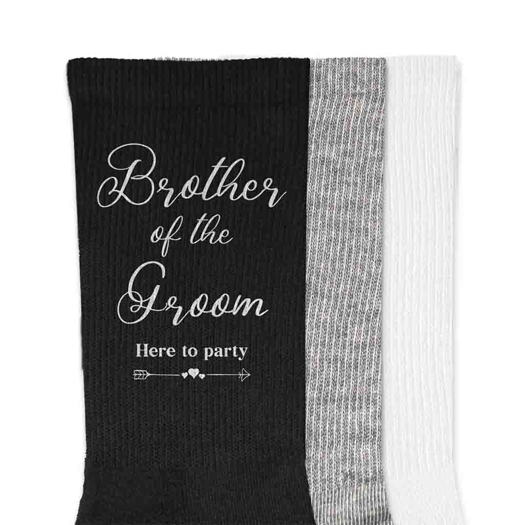 Here to party fun saying digitally printed on the outside of the socks for the brother of the groom on cotton socks.