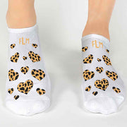 Personalized monogram socks with animal print heart design digitally printed on the top of no show socks in a 3 pair gift box set.