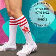 Custom with knee socks with red stripes shown with a logo design on the calf area. Also available in stripe colors: black, fuchsia, navy and royal blue.