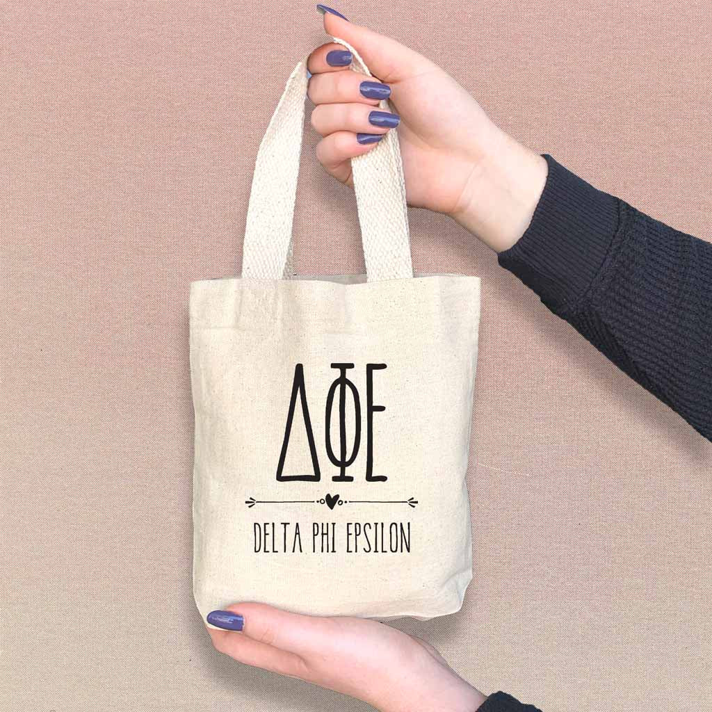 Delta Phi Epsilon sorority name boho design digitally printed on the perfect mini size natural canvas tote bag