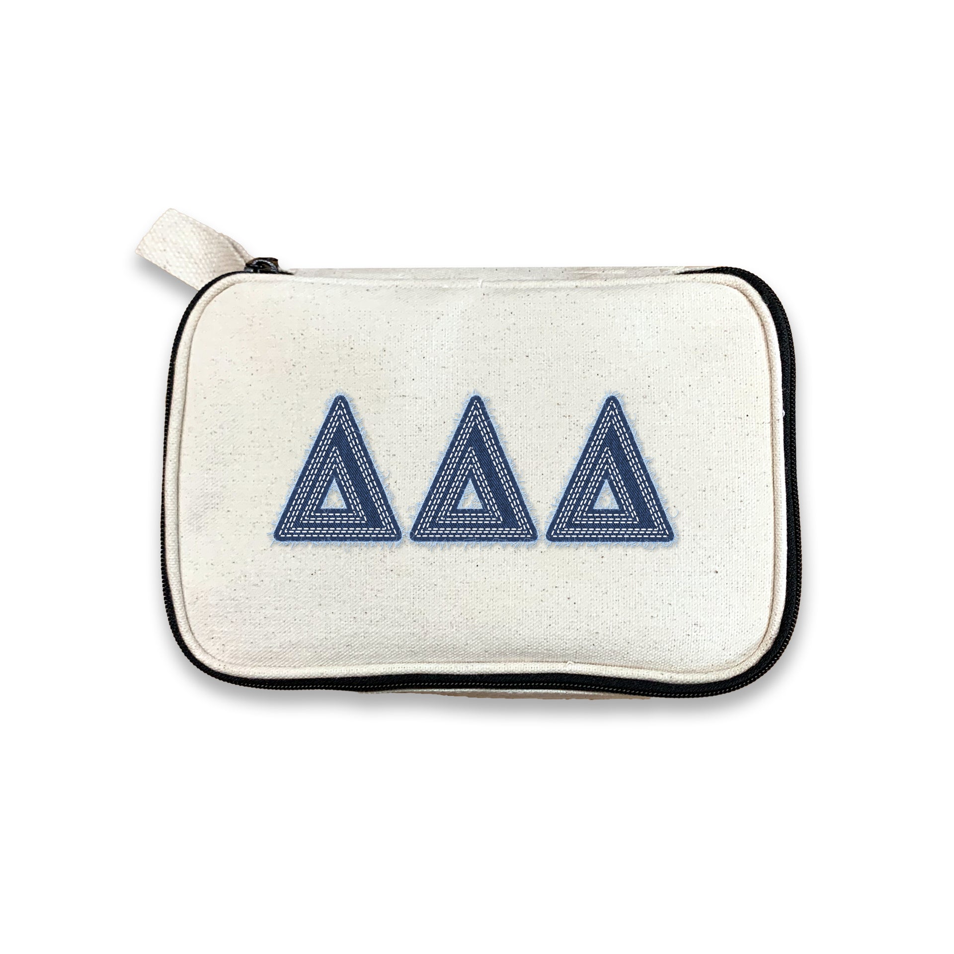 Delta Delta Delta cosmetic bag with Tri-Delta denim-style Greek letters on canvas, photographed against white.