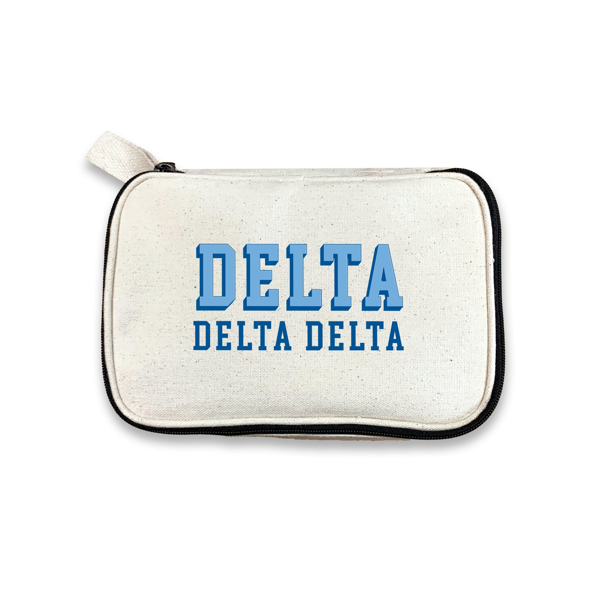Delta Delta Delta 3D Print Sorority Name Cosmetic Make Up Bag displayed on white background