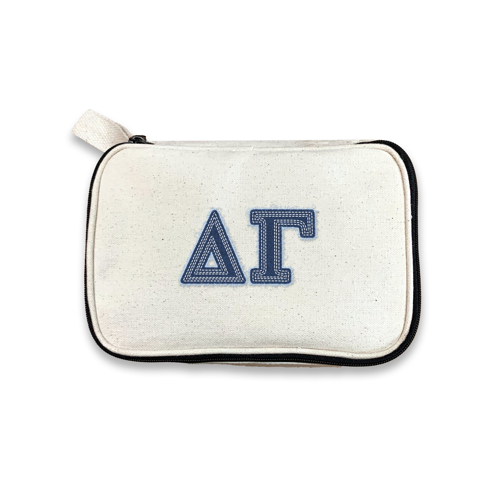 Delta Gamma cosmetic bag with DG denim-style Greek letters on canvas, photographed against white.